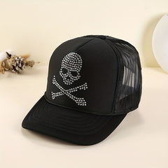 Rhinestone Skull Trucker Hat Mesh Unisex Baseball Cap Adjustable