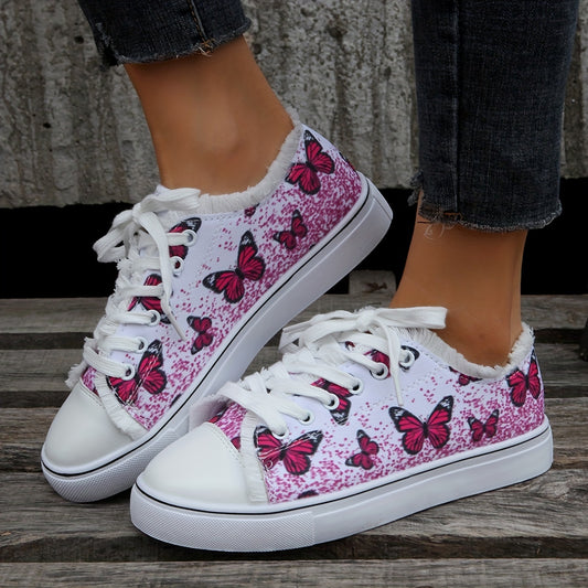 Women's Butterfly Pattern Canvas Shoes - Lace Up Low Round Toe Flat