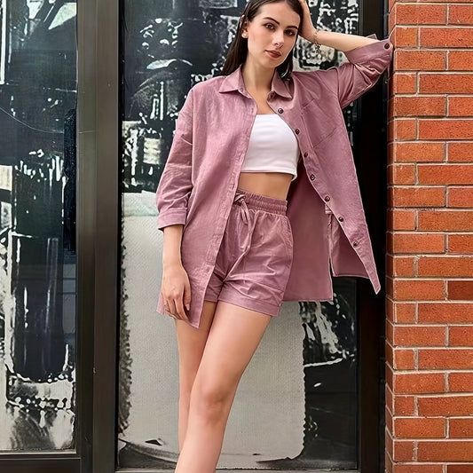  Casual Shirt & Shorts Set Women's Plus Solid Long Sleeve Button Up