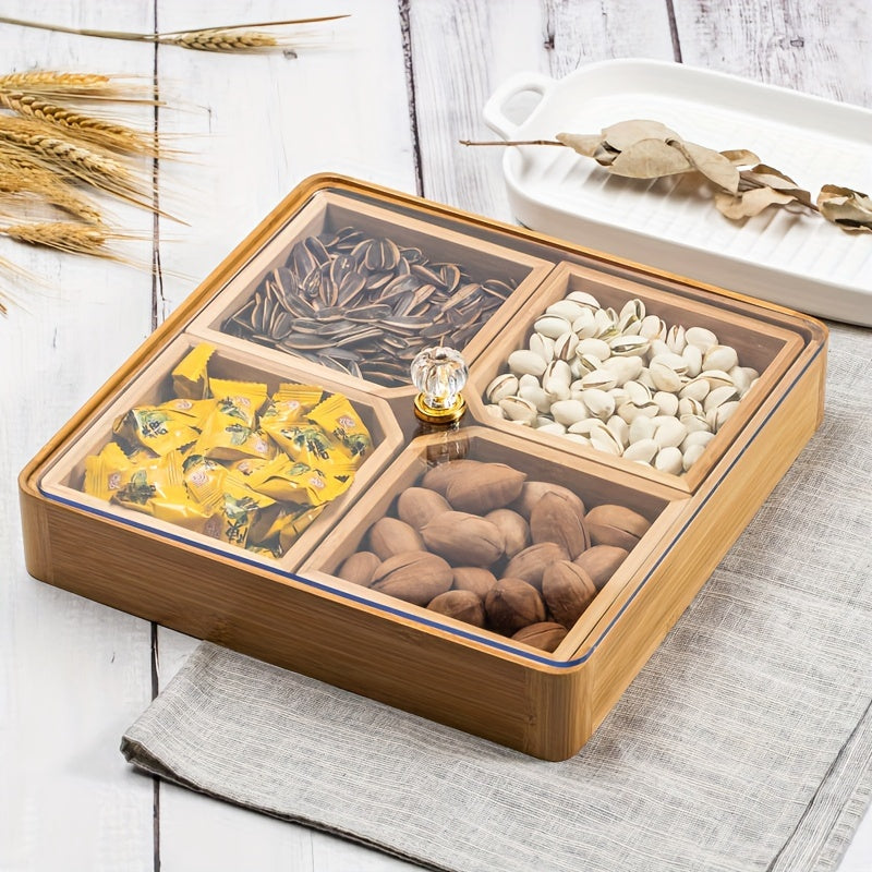 Bamboo Divided Serving Tray With Lid & Removable Dividers