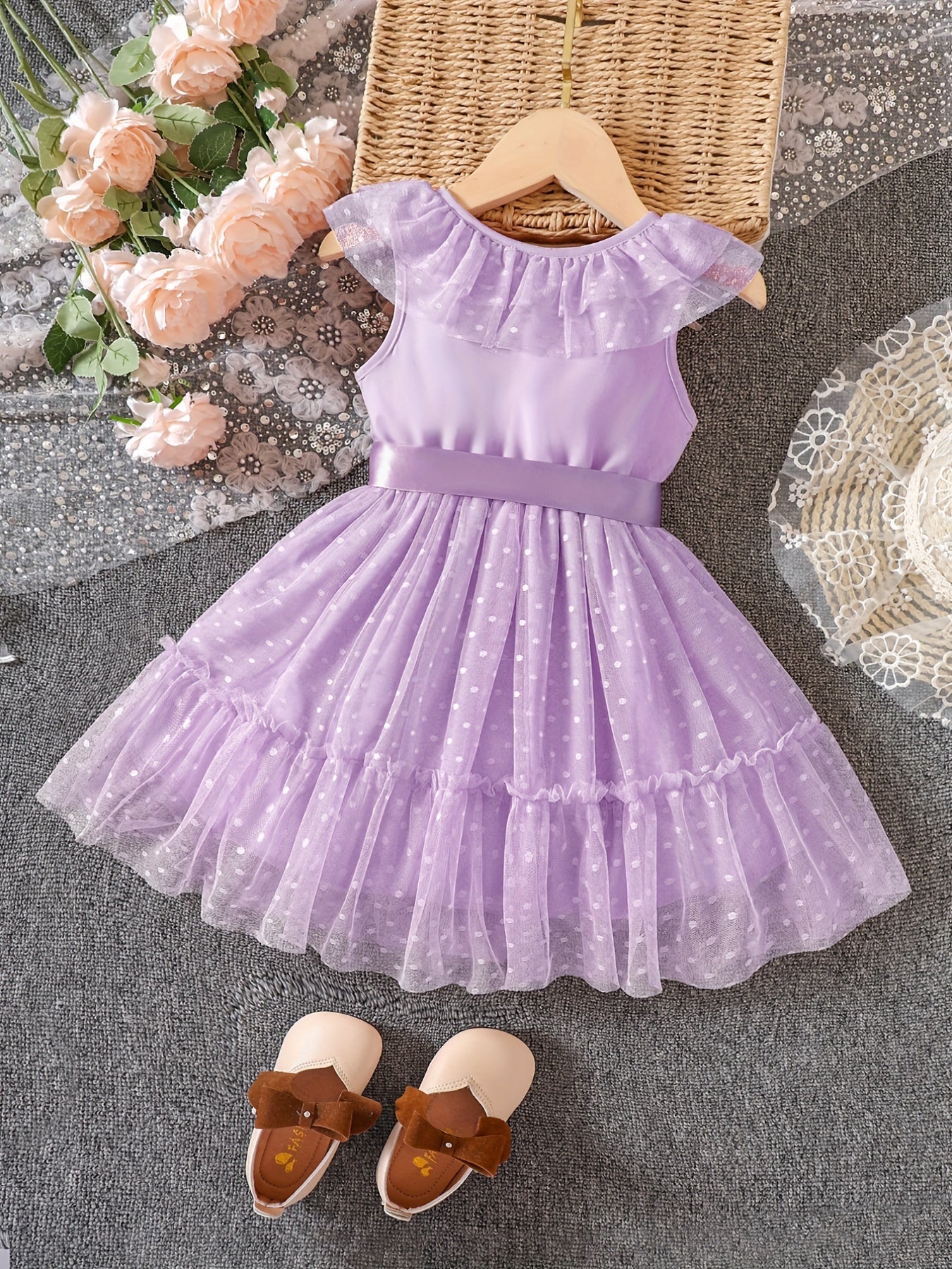 Girls' Dots Print V Neck Tulle Princess Dress