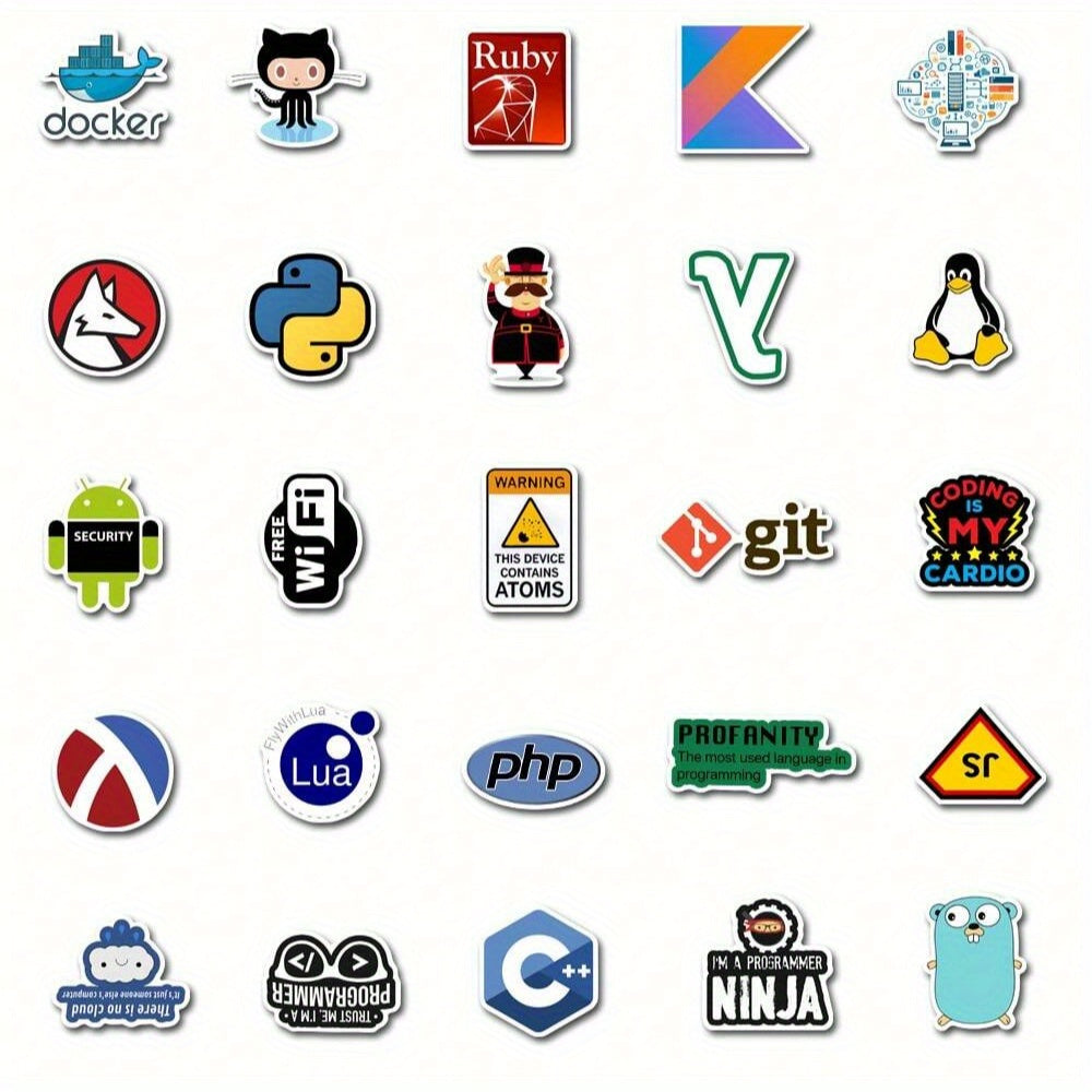 50pcs Cartoon Programmer Stickers Waterproof Vinyl Tech Designs for Water Bottle