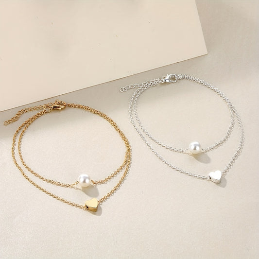 Heart Beads Chain Anklet Double Layered Faux Pearl Ankle Chain