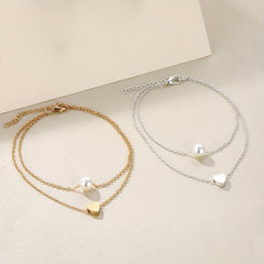 Heart Beads Chain Anklet Double Layered Faux Pearl Ankle Chain