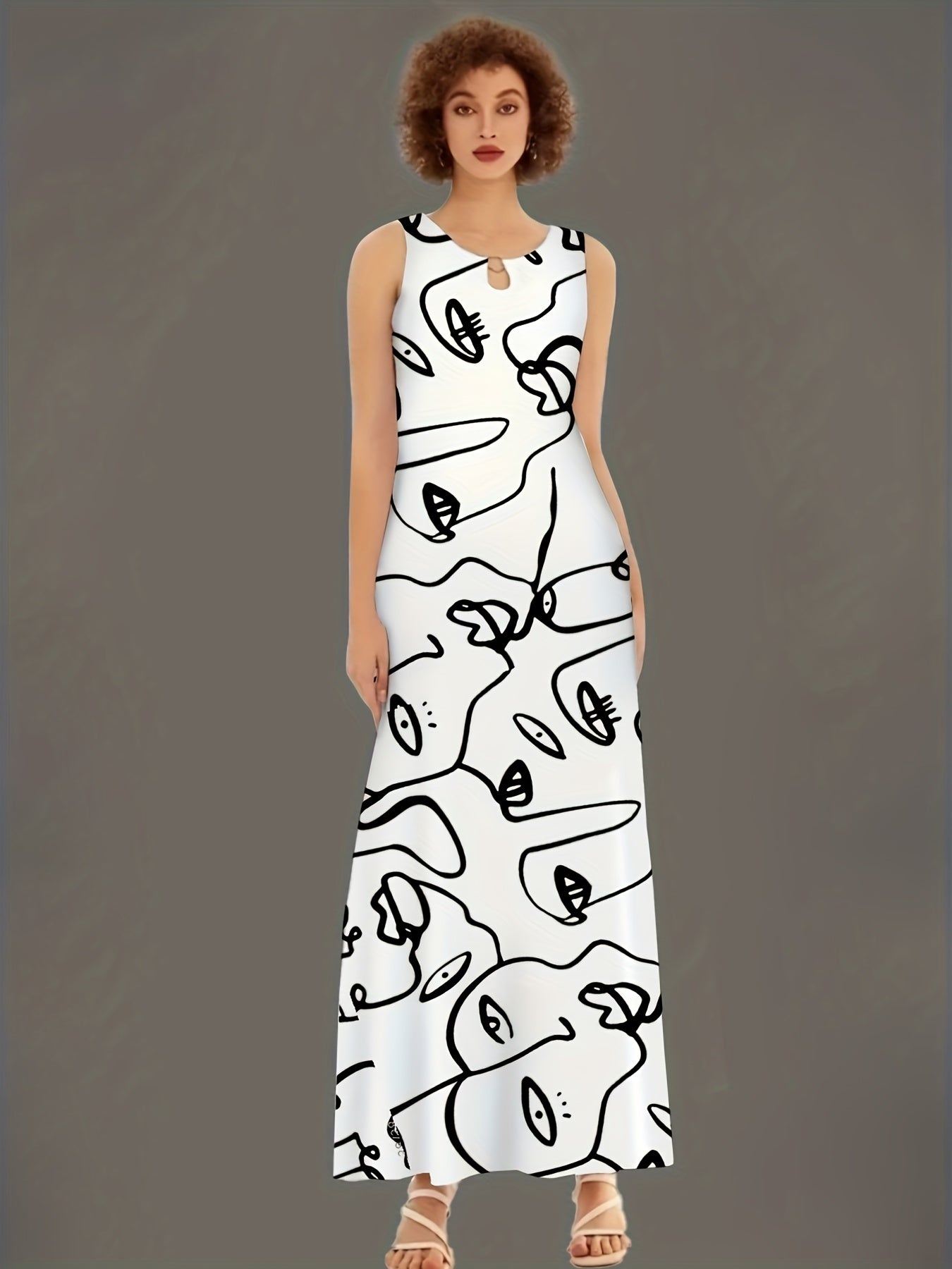 Abstract Figure Print Maxi Tank Dress With Pockets
