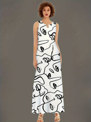 Abstract Figure Print Maxi Tank Dress With Pockets