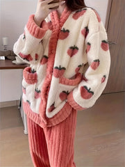 Fruit Print Pajama Set Long Sleeve V Neck Buttons Top Elastic Waistband