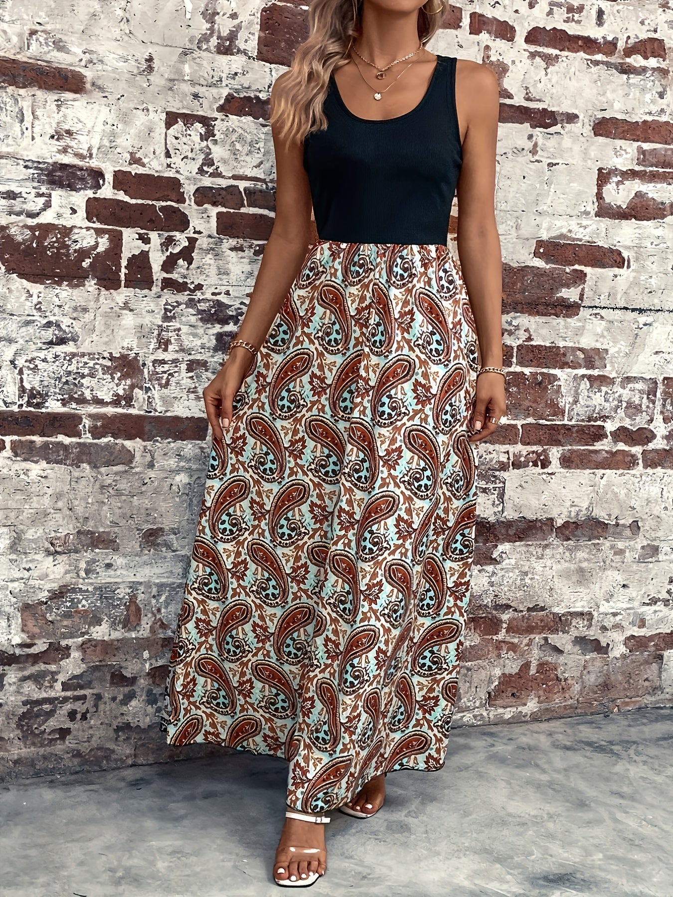  Paisley Print Round Neck Maxi Tank Dress