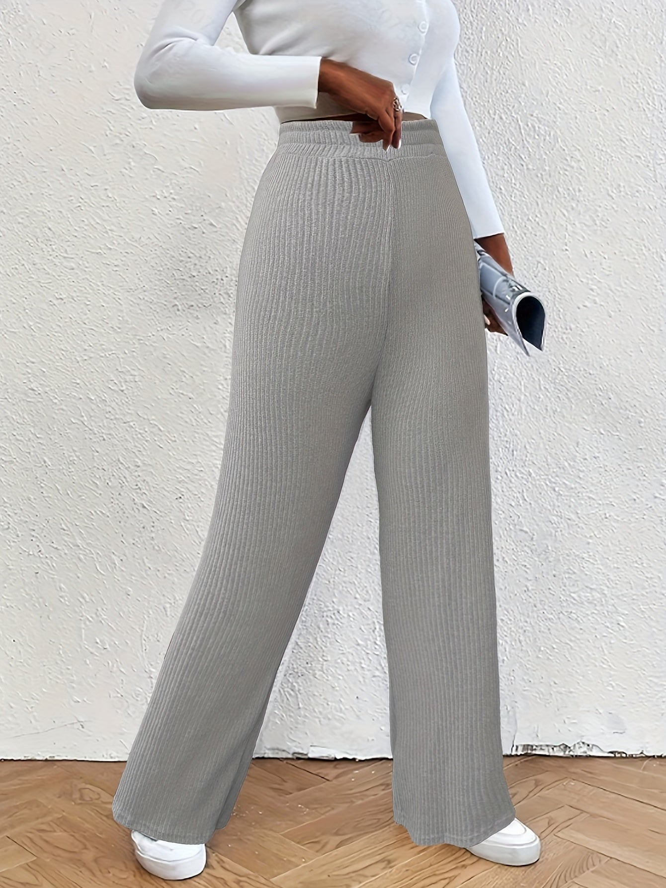 Solid Ribbed High Rise Wide Leg Pants