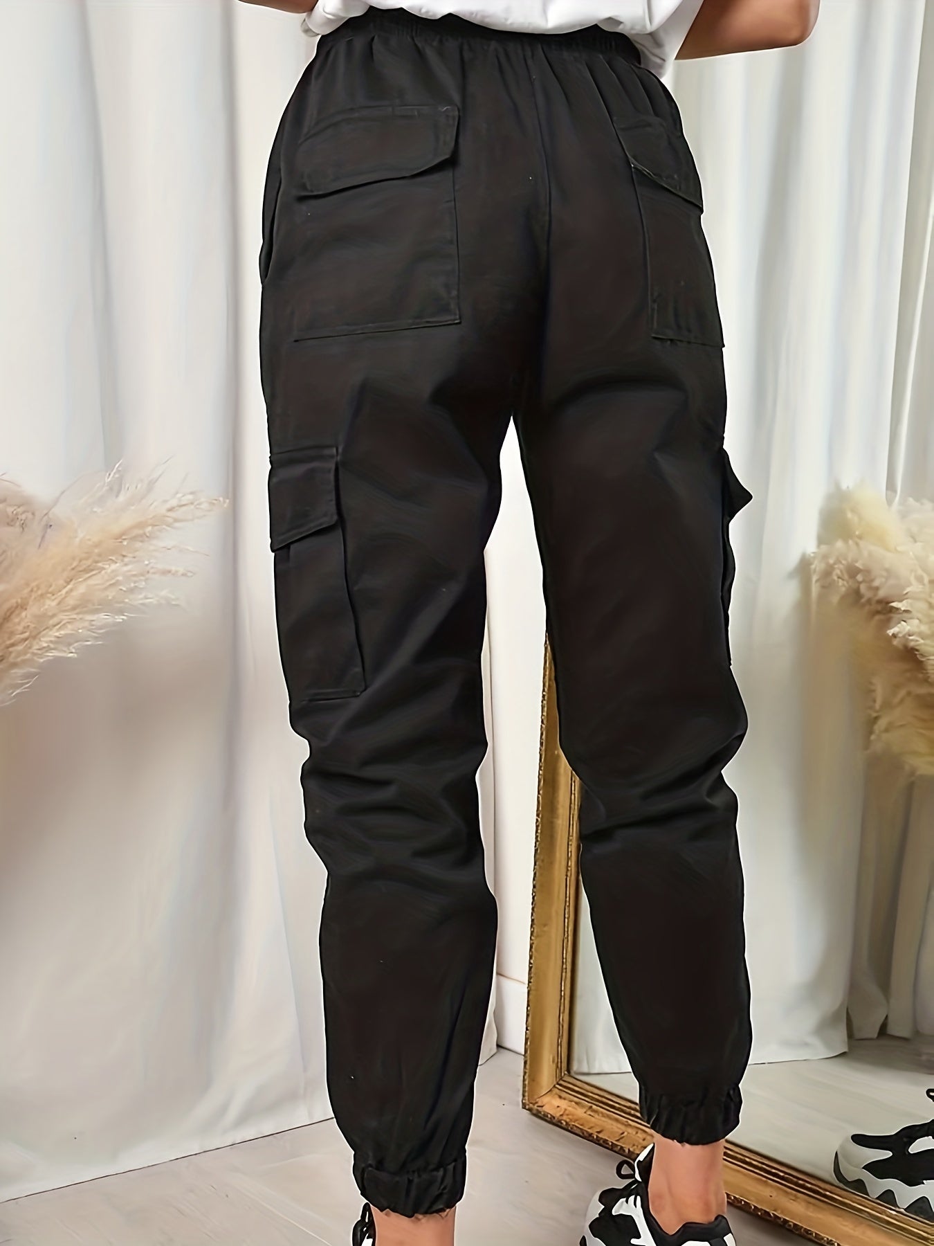  Solid Elastic Drawstring High Rise Jogger Cargo Trousers