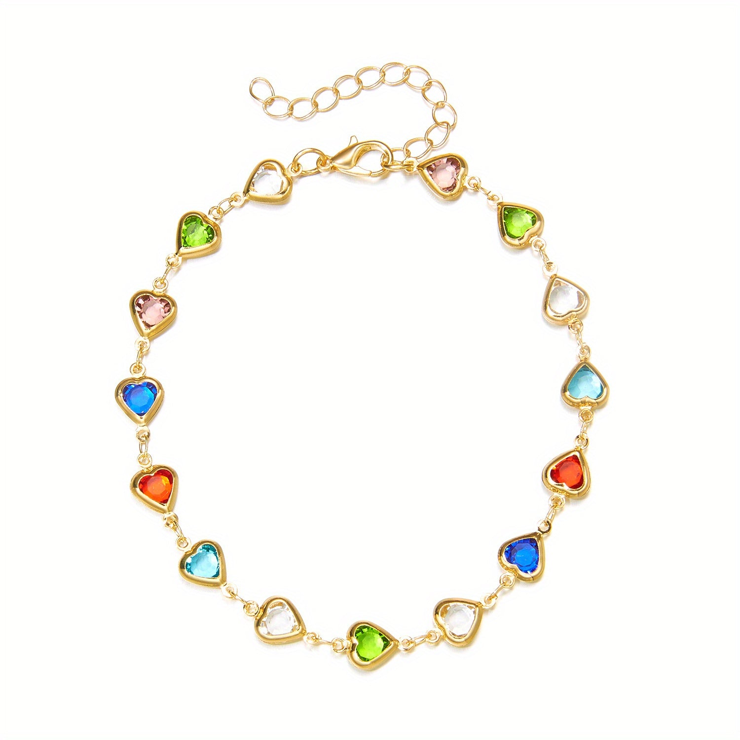Colorful Faux Crystal Chain Anklet Love Heart Silver Plated Ankle Bracelet