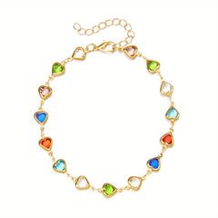 Colorful Faux Crystal Chain Anklet Love Heart Silver Plated Ankle Bracelet
