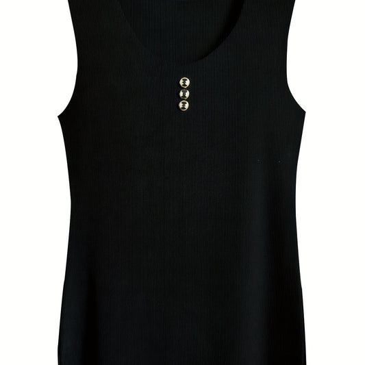 Ribbed Sports Tank Top Button Round Neck Sleeveless Summer Tops