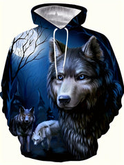 Wolf 3D Print Hoodie Kangaroo Pocket Pullover Mens Clothing