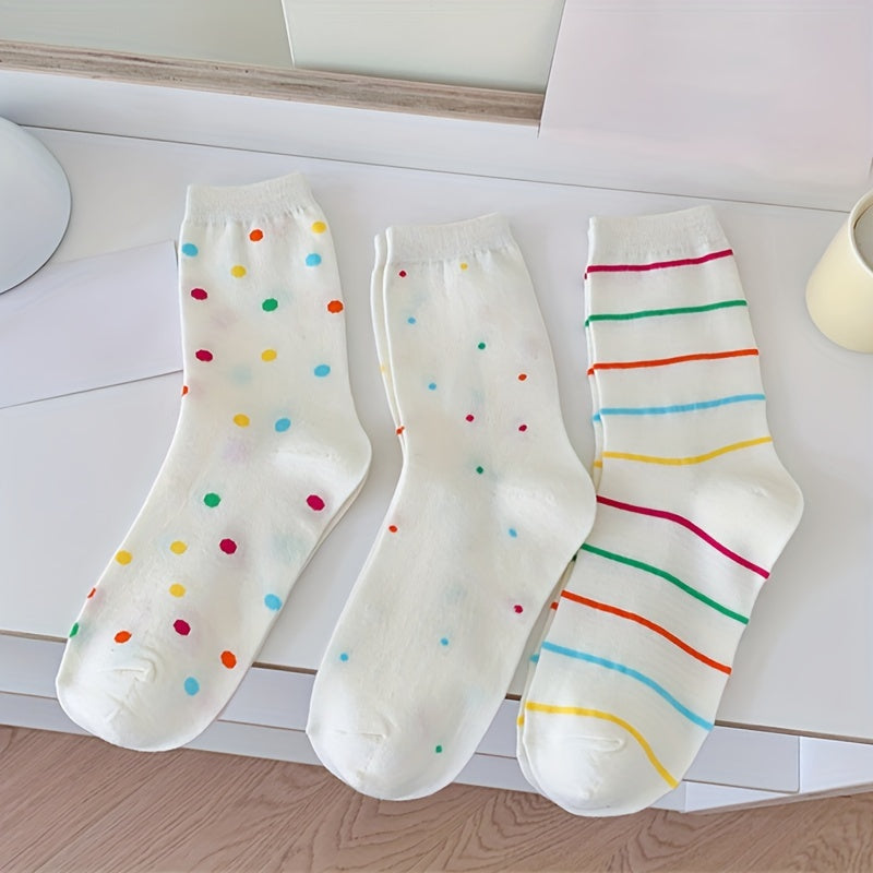 3 Pairs Colorful Dot & Stripe Print Socks Comfy Mid Tube Stockings