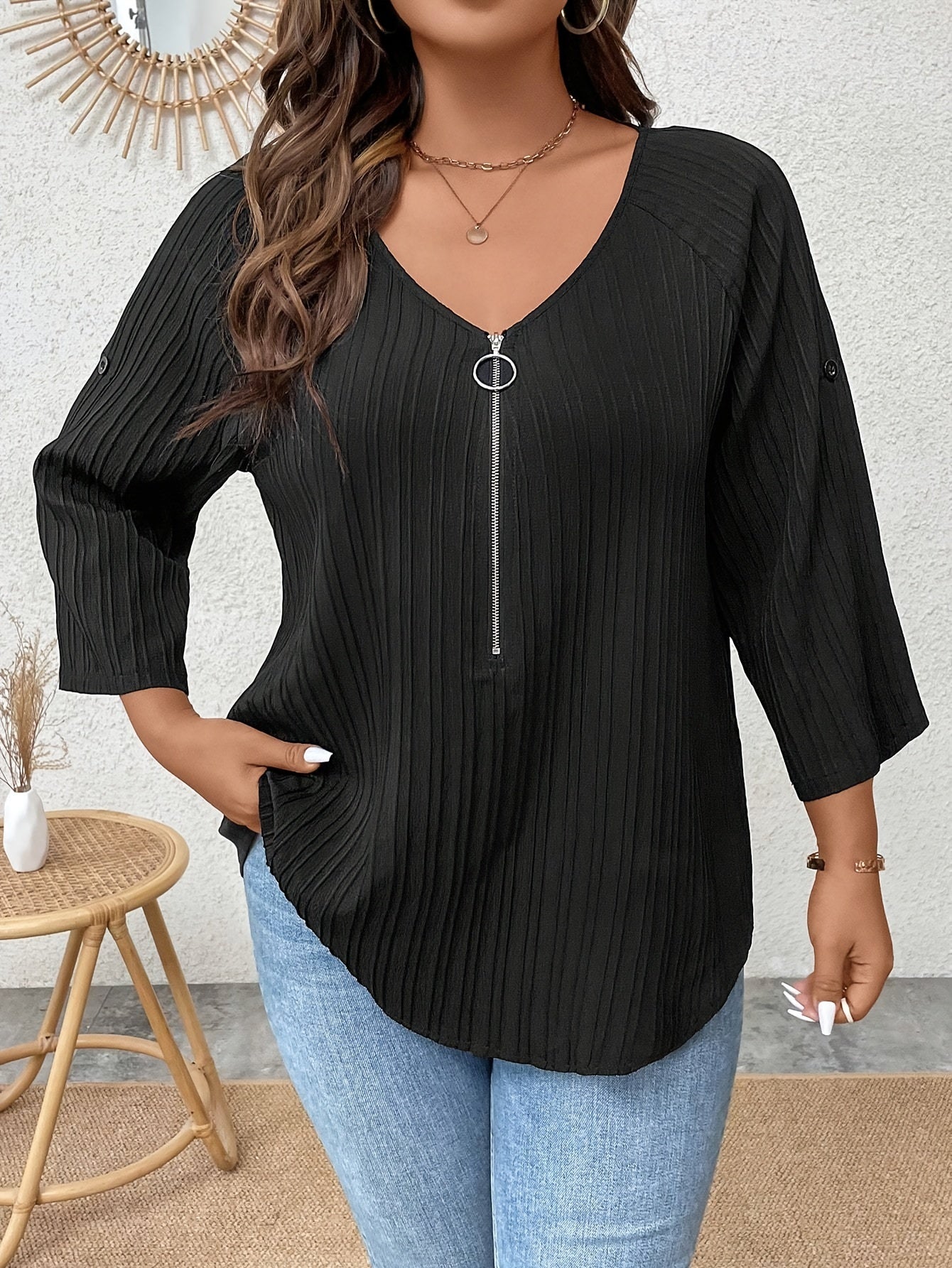  Ribbed Half Zip V Neck Top