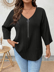  Ribbed Half Zip V Neck Top
