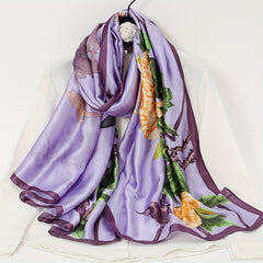 Vintage Peony Print Satin Silk Scarf Shawl Large Sunscreen Head Wrap