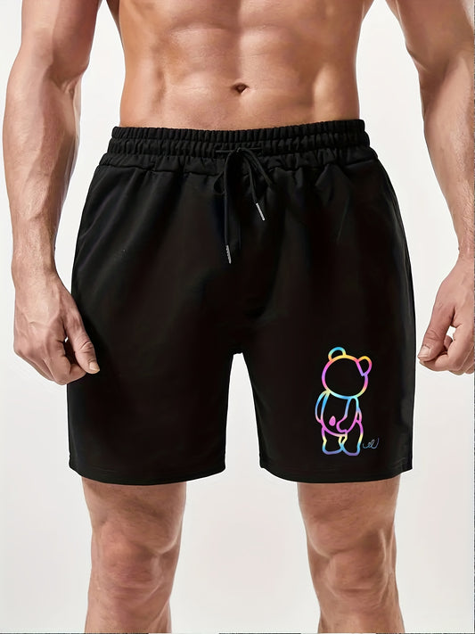 Cartoon Bear Print Men's Comfy Shorts Summer Drawstring Casual Loose Shorts