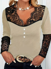  Solid Lace Long Sleeve V Neck Knit Top