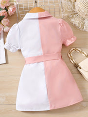 Toddler Girls Puff Sleeve Button Block Casual Shirt Dress