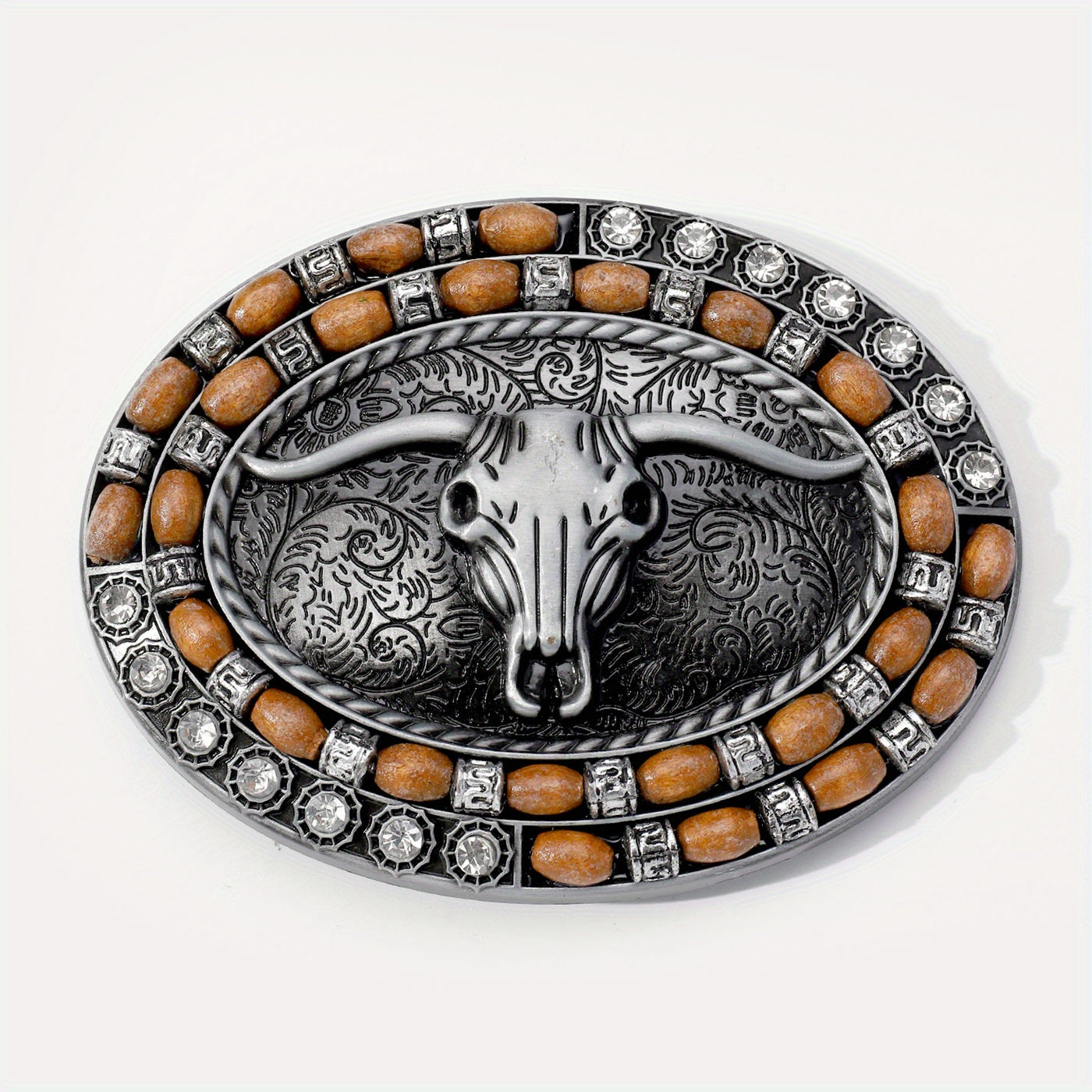 Boho Oval Belt Buckle Rhinestone Beads Inlaid Horn Bull Western Buckle