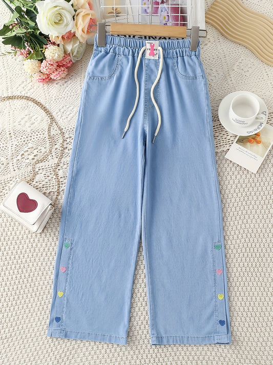 Girls Heart Print Casual Wide Leg Jeans for Children