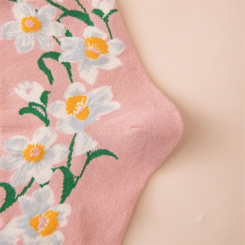 Floral Pattern Cotton Mid Tube Socks with Ruffle Trim