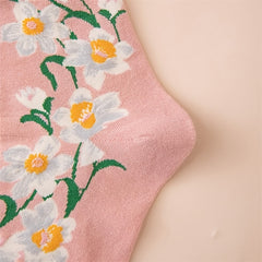 Floral Pattern Cotton Mid Tube Socks with Ruffle Trim