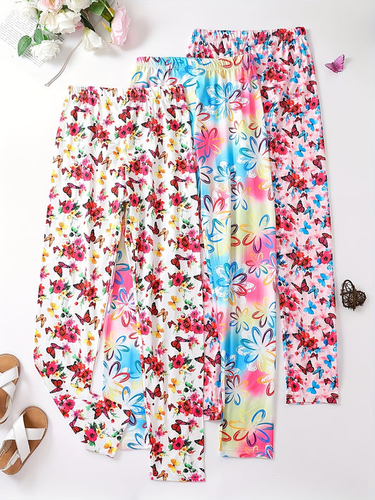 Girls Butterfly & Flowers Print Yoga Pants, Slim Fit Leggings