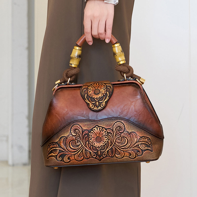 Vintage Style Handbag with Flower Pattern PU Material Shoulder Bag