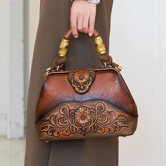 Vintage Style Handbag with Flower Pattern PU Material Shoulder Bag