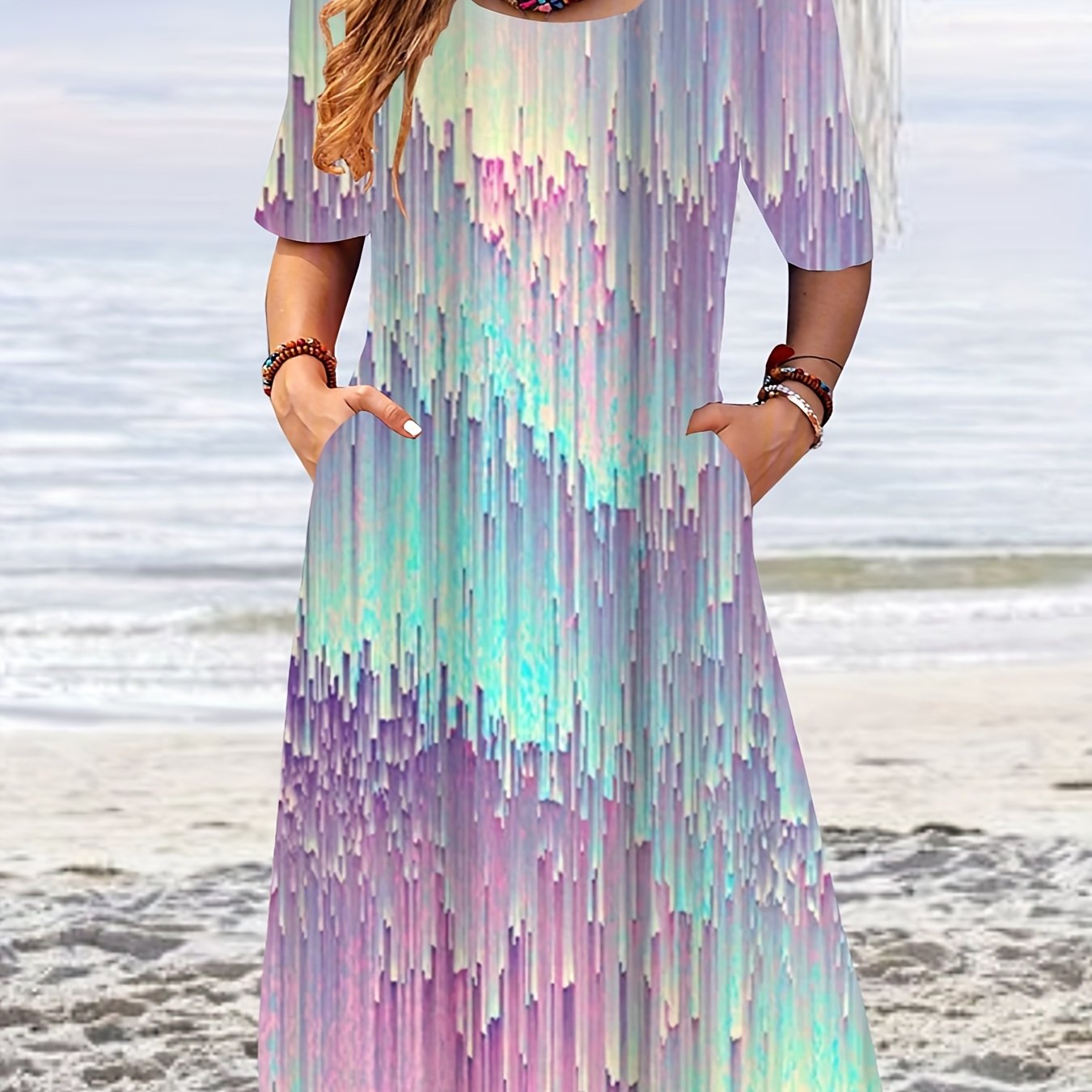 Plus Size Casual Dress Women's Plus Print Short Sleeve Round Neck Midi Dress