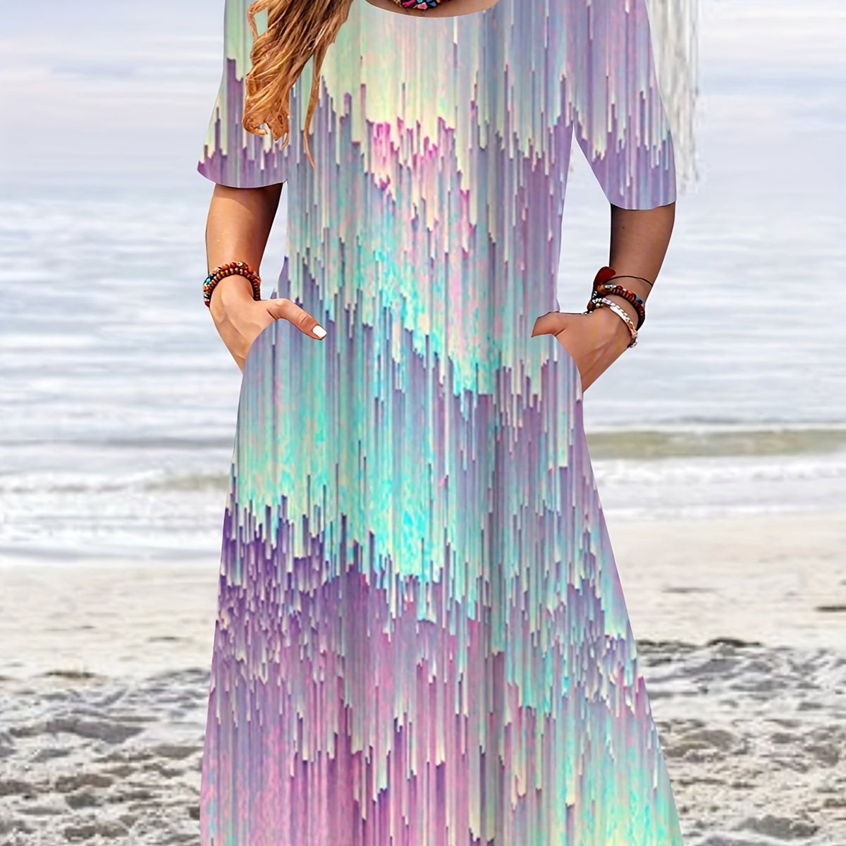 Plus Size Casual Dress Women's Plus Print Short Sleeve Round Neck Midi Dress