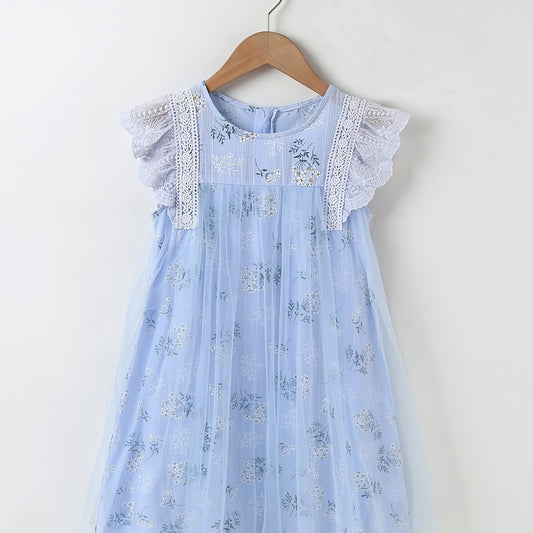 Girls Lace Ruffled Sleeves Floral Print Princess Dress