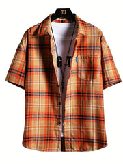 Plaid Print Men's Casual Short Sleeve Shirt With Pocket for Summer