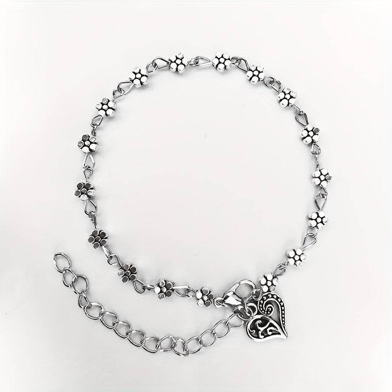 Heart Shape Pendant Beaded Anklet with Flower Beads Boho Style