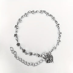 Heart Shape Pendant Beaded Anklet with Flower Beads Boho Style