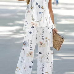 Floral Print 2pc Set Crew Neck Tank Top & Wide Leg Pants Outfits