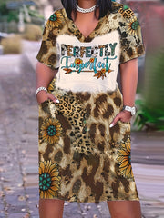  Colorblock Leopard Print V Neck Stretch Dress With Pockets
