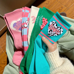 5 Pairs Letter & Heart Print Socks Comfy & Street Mid Tube Socks Women's