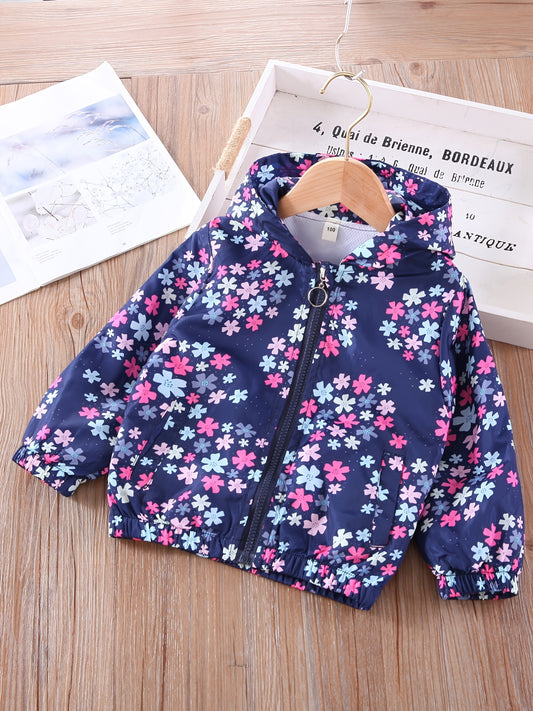Girls Flowers Print Hooded Zipper Jacket Long Sleeve Top