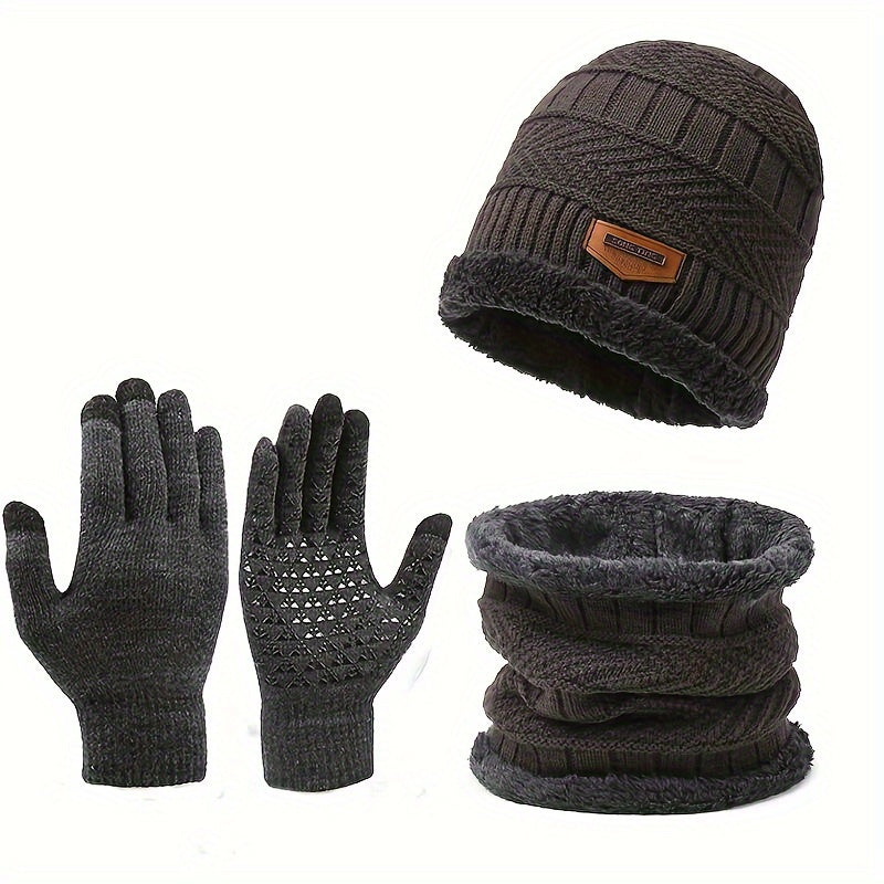 Winter Knitted Hat Scarf Gloves Set Fleece Lining Warm Touch Screen Gloves