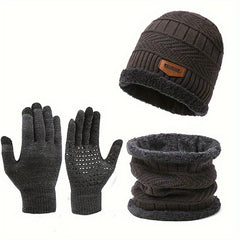 Winter Knitted Hat Scarf Gloves Set Fleece Lining Warm Touch Screen Gloves