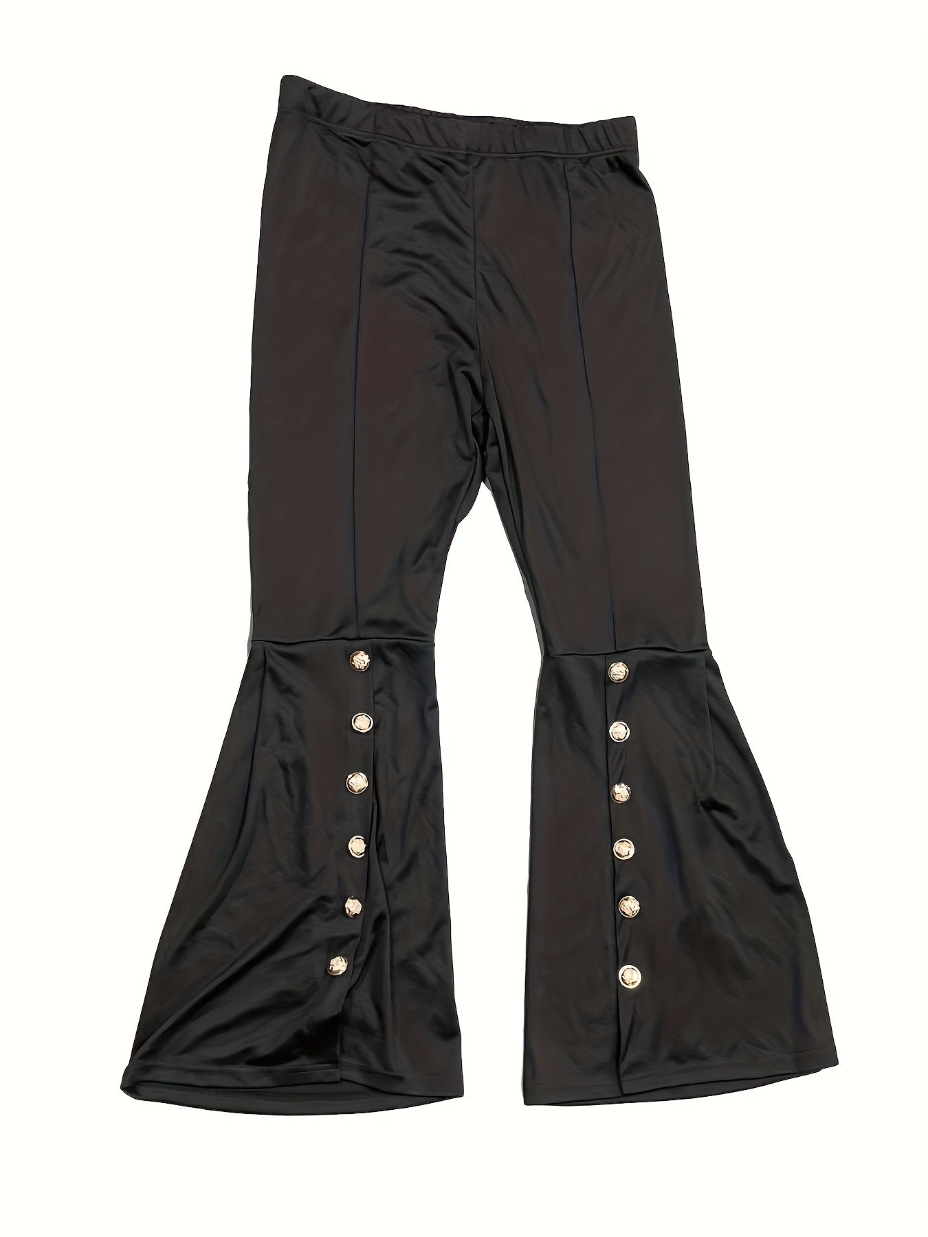  Flared Leg Trousers Button Decor Elastic High Rise Casual Pants