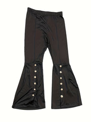  Flared Leg Trousers Button Decor Elastic High Rise Casual Pants