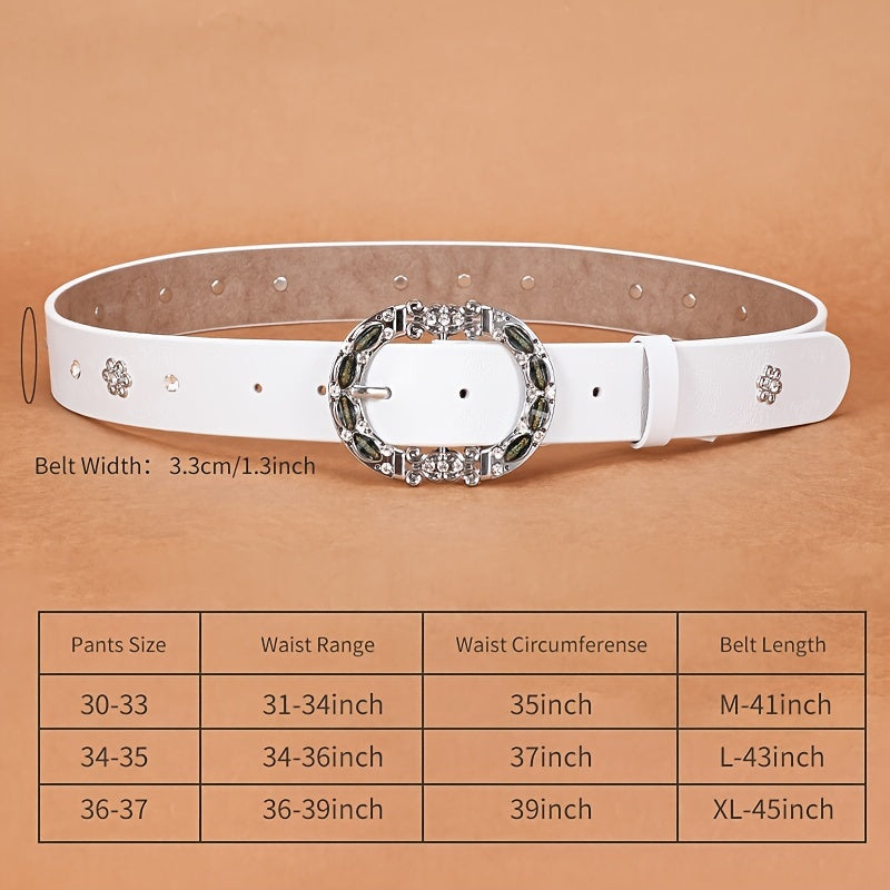 Women's Leather Belt Oval Metal Pin Buckle Inlaid Rhinestone Crystal