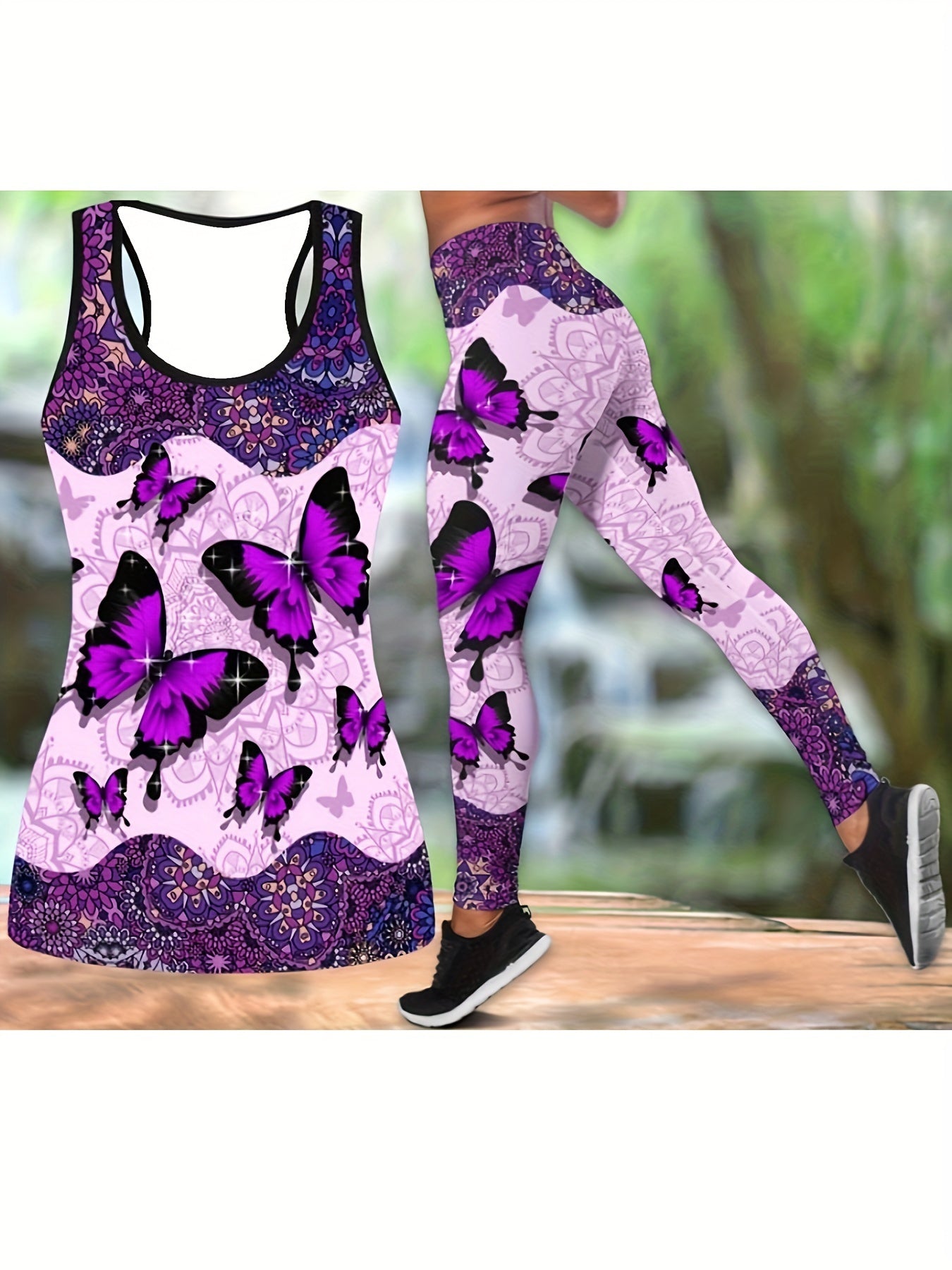  Butterfly Floral Print Tank Top & Leggings Set