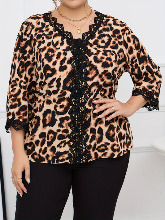  Leopard Print Lace Trim V Neck Blouse