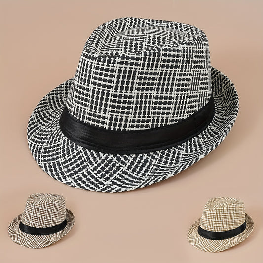 Plaid Striped Jazz Fedora Cap Straw Sun Hat British Style Trilby Hats